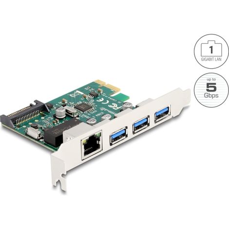 Delock Tarjeta PCI Express x1 a 3 x USB 5 Gbps Tipo-A hembra + 1 x Gigabit LAN