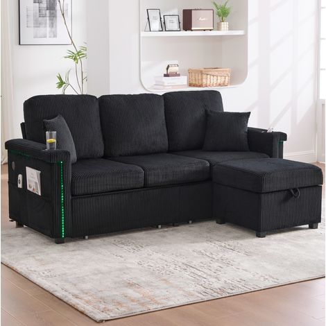 Divano modulare in velluto a coste (panno) con LED, USB/Type-C, un pouf, vano portaoggetti e tasche, nero, 194x73x81 cm (1/5)