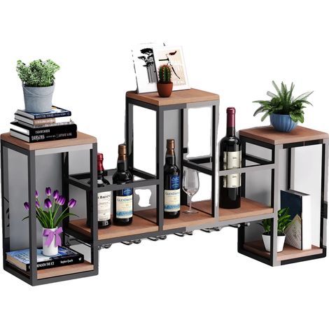 Support de bouteille de vin, bois massif naturel et fer forgé, 106cm x 20cm x 55cm, mural, trois niveaux, capacité de 30kg (1/5)