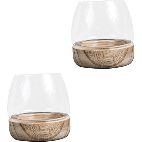 2 Pièces Petit Bocal à Poissons en Verre Transparent Support en Bois, Vase Décoratif Micro-Paysage de Petite Taille, pour Décoration Intérieure et Bureau – 1 Pièce (1/5)
