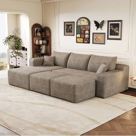 Divano angolare 241 cm color cammello in tessuto effetto corda, seduta morbida, senza montaggio (1/5)