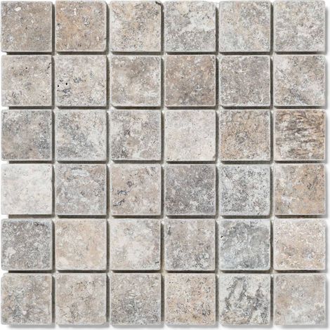 Mosaïque travertin 1er choix 4,8x4,8 cm gris silver – Épaisseur 1 cm – Plaque 30,5x30,5 cm pour mur et sol intérieur (1/5)