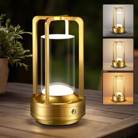 Lampe de table portable pour extérieur et intérieur : lampe de bureau rechargeable sans fil avec 3 couleurs à intensité variable – Petite lanterne en métal à piles pour restaurant/chambre/bar/café (1/5)