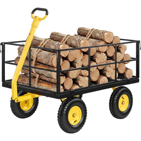 Chariot Jardin Acier 635 kg Chariot Transport Robuste Jaune et Noir, pour Fermes, Entrepôts, 2 en 1 Remorque ou Tractable en Métal, avec 4 Pneus Tout-terrain 33 cm, Côtés Amovibles, Poignée 180° (1/5)