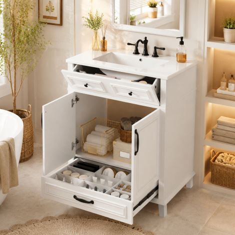 Meuble sous lavabo salle de bain 77 x 46 x 86 cm,entièrement laquée, vasque en céramique intégrée,avec 9 compartiments de rangement, meuble à double porte avec charnières à fermeture amortie,blanc (1/4)
