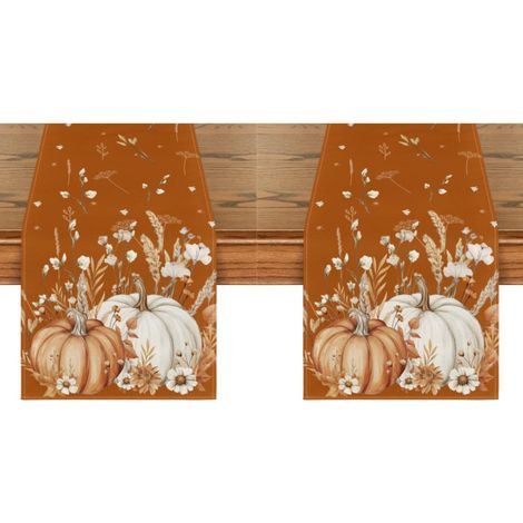 Camino de mesa otoñal, decoración de mesa para el hogar y fiestas - 33 x 183 cm, estampado de calabazas naranjas, hojas y flores (2 piezas) (1/5)