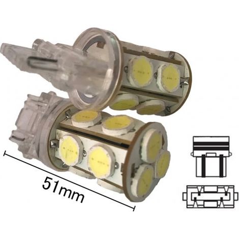 Coppia 2 Lampade Led T25 3157 P27/7W Con 13 Smd 9080 Bianco Freddo 6000K 12V 6W