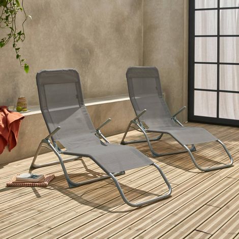 Pair of textilene sun loungers with 2 reclining positions Anthracite 57x168x93 cm - Levito (1/5)
