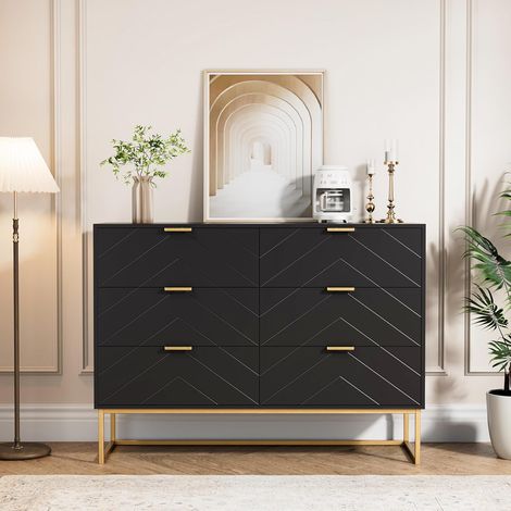 UEV Cassettiera Camera da Letto, Settimino con 6 Cassetti e Motivo di Linea, Mobiletto Moderno e Pratico, Sicuro Design Antiribaltamento, 100 x 34 x 73.5 cm, Nero