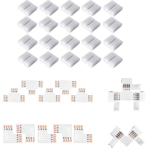 Connecteurs de bande LED à 4 broches sans soudure - Connecteur sans espace - 8 mm de large - Répartiteur RVB L - Connecteur en forme de T pour bandes lumineuses LED multicolores RVB 3528 2835