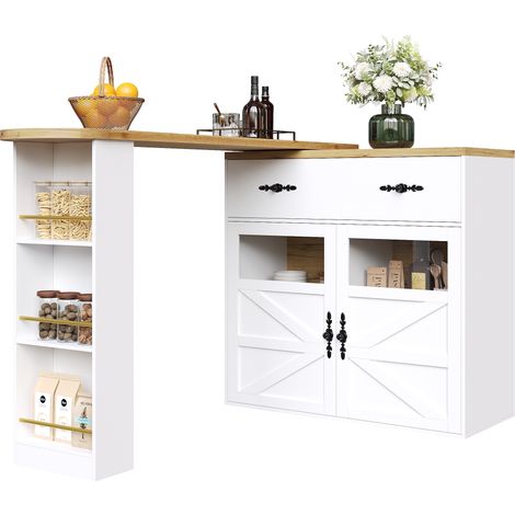 Table de bar extensible avec rangement intégré, îlot de cuisine moderne 138-204 cm, MDF blanc (1/5)