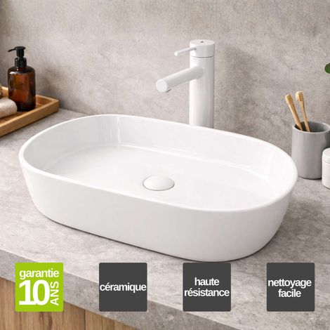 Vasque à poser ovale en céramique blanc mat L52,5 x l30 x Profondeur 14,5 cm – SANIZEO Janodos - Idéale pour salle de bain moderne (1/5)