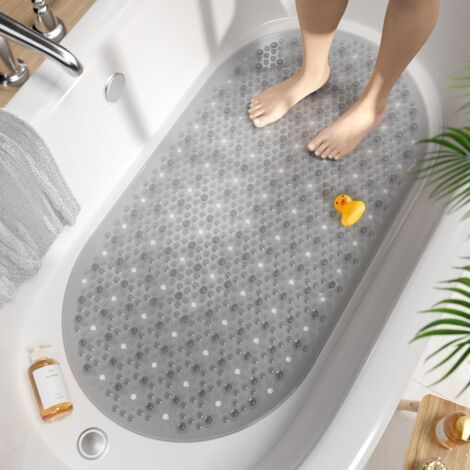QORVA-Tapis de bain ovale antidérapant, gris, 68 x 38 cm, tapis de bain moussant, tapis de douche lavable en machine et résistant à la moisissure, tapis de bain antidérapant sans BPA. (1/5)