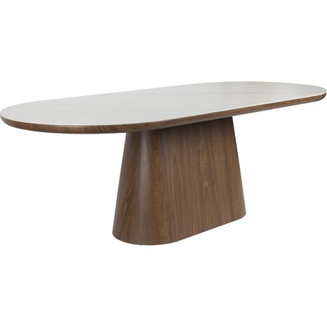 Table à manger ovale 180x90 cm – 6 personnes – Plateau en pierre effet marbre – Pied en bois plaqué noyer – Design scandinave – Boite A Design (1/5)