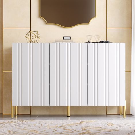 Buffet avce 3 Portes Rainurées Sans Poignée, Meuble de Rangement Pieds Métal Blanc, pour salon cuisine Moderne, 120x35.5x80 cm (1/5)