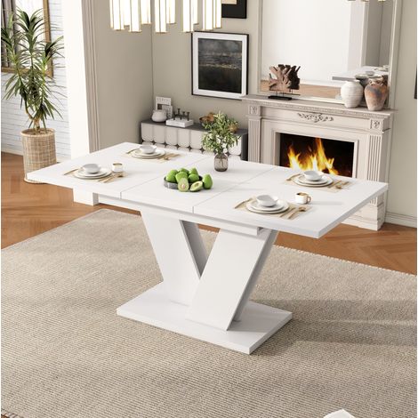 Mesa de comedor extensible 120/160x80 cm blanca en MDF con patas en V (1/5)
