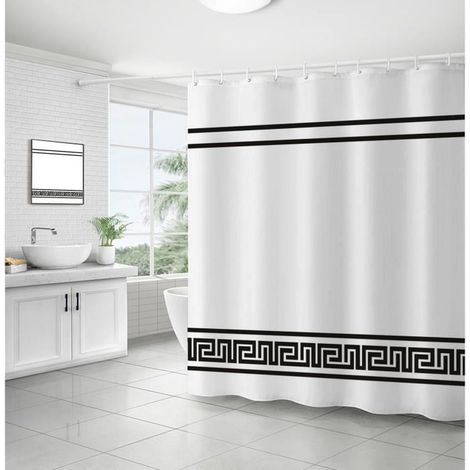 Rideau de Douche Noir et Blanc Rayé Salle de Bain Décor Moderne avec Crochets Imperméable Lavable 180x180cm