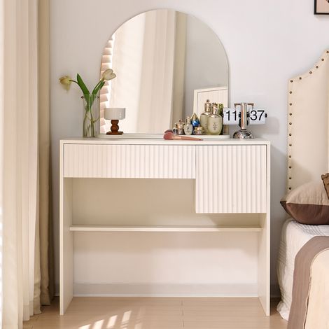 Tocador blanco con espejo, tocador moderno con cajones y estantes abiertos, 135 × 90 × 40 cm (1/5)