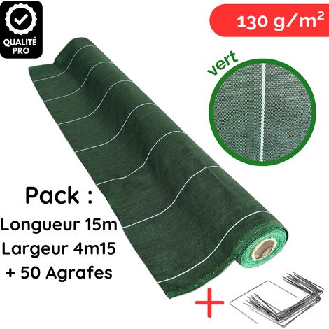 Toile de paillage avec agrafes Largeur 4,15m Longueur 15m anti mauvaises herbes Couleur Vert 130gr m2 ZENLYS tissée Pack Lot (1/5)