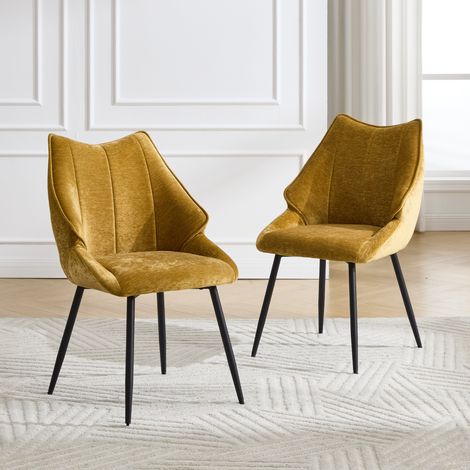 Wahson Chaise de Salle à Manger en Chenille, Lot de 2 Chaise de Cuisine avec Pieds en Métal Chaise de Salon Confortable pour Cuisine/Restaurant, Jaune (1/5)