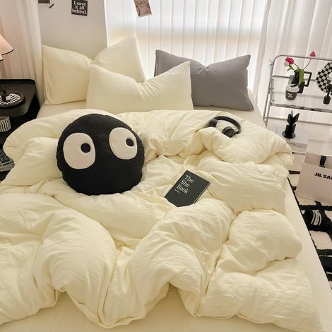 Ultra-weiche Bettwäsche aus gewaschener Baumwolle, zerknitterter Spannbettlaken-Stil – 4-teiliges Bettwäscheset für Wohnheim und Jugendherberge – Bezug 180x220 cm für 180 cm Bett – Zitronengelb-lsw