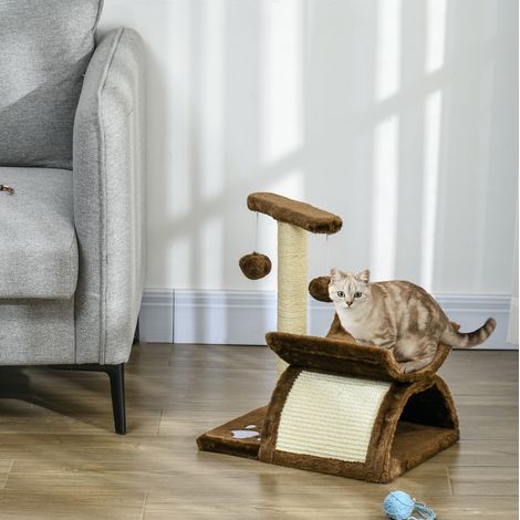 Árbol para gatos de sisal y felpa marrón con túnel, cama en U y juguete, 40 x 30 x 43 cm (1/5)