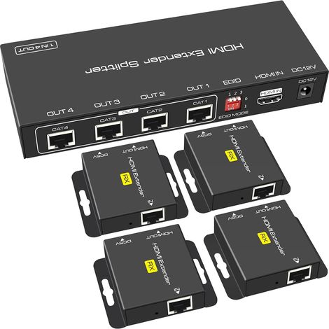 HDMI Splitter Extender 1 Entrée 4 Sorties 50m 165ft Over Cat5e 6 7 Ethernet Transmitter Receiver Presets EDID Presets 1080p POC Seulement Besoin D'alimentation TX pour Le Travail (1/5)
