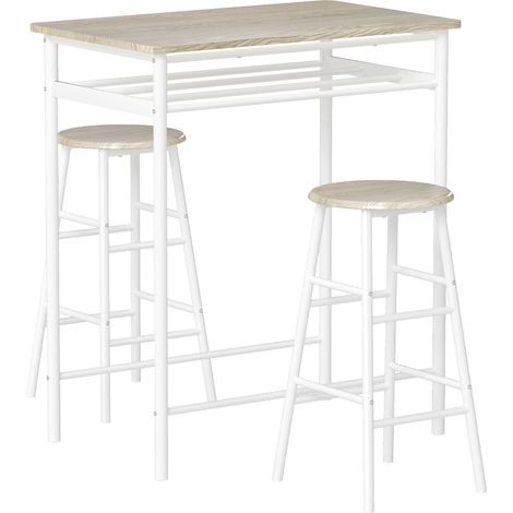 GagaEnsemble table de bar avec tabourets, table à manger debout avec 2 chaises, étagère et pieds en métal, 80x50x90cm, blanc (1/5)