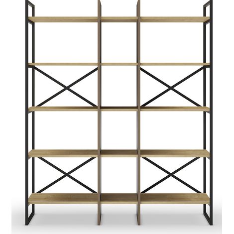 Etagère haute, meuble étagère aspect bois coloris chêne et métal noir - Longueur 143,50 x Profondeur 35 x Hauteur 175 cm (1/5)