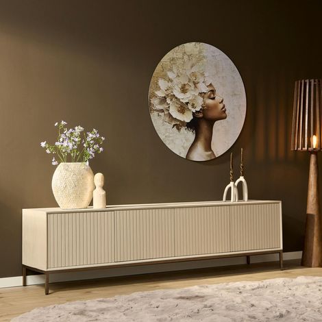 Meuble TV bois sable 4 portes rainurées 210 cm CORTINA