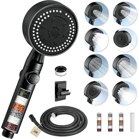 Pommeau de Douche Haute Pression 8 Modes Pomme de Douche Anti Calcaire Douchette Douche Salle de Bain pommeau de douche economie deau Pommeau Douche,4 Filtres,Tuyau 2M,Support (1/5)