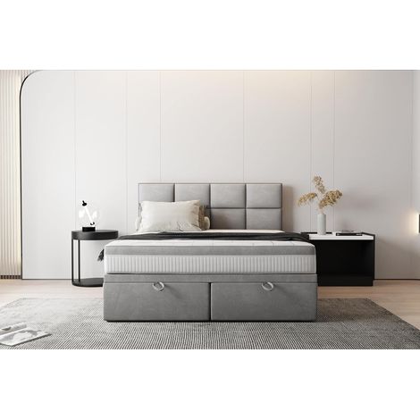 Lit adulte 200x200 cm TROPEA - avec rangement et matelas ressorts ensachés - tissu velours - gris