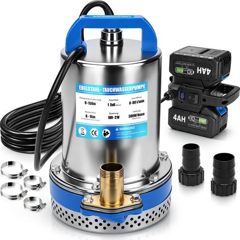 Pompe Submersible 300W IPX8 en Acier Inoxydable Hauteur de Refoulement Max.16m Pompe à eau d’évacuation Sans fil avec 2 Batterie Compatible avec Batteries Makita 18V pour Piscine, Lit à eau, Arrosage (1/5)