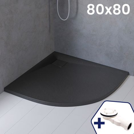 BADLAND Duschwanne 80x80x3,2 VIDAR Schwarz Verbundwerkstoff Duschtasse Viertelkreis, Steinoptik, mit Ablaufgarnitur Ø 90 mm (1/5)