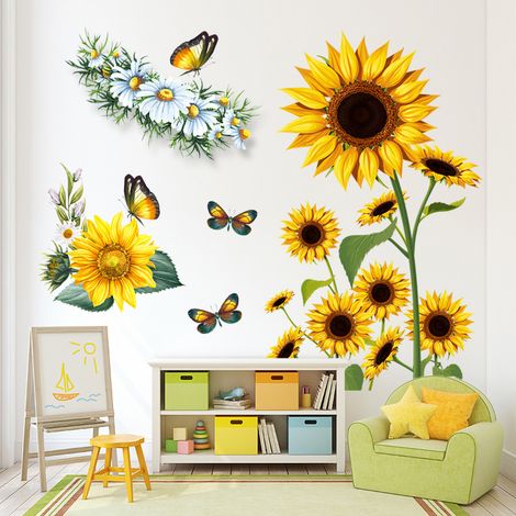 BEBUSINGOTO 3D-Wandaufkleber mit Sonnenblumen, gelbe Schmetterlingsblumen, Wanddekoration, abnehmbare, wasserdichte Vinyl-Aufkleber für Wohnzimmer, Küche, Wandaufkleber für die Familienwand