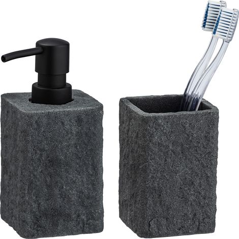 WENKO Set di accessori per il bagno, bicchiere per spazzolino, dispenser per sapone liquido, Villata, aspetto "cemento" (1/2)