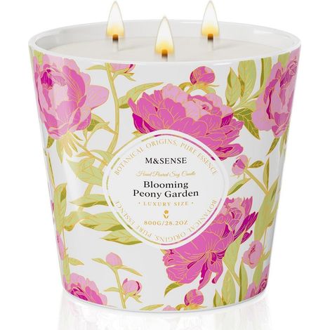 Grande bougie parfumée en verre, 800g cire de soja, 120h de combustion, 3 mèches, parfum Pivoine & Rose