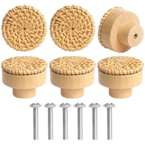 6 pcs Boutons de Meuble en Rotin Bois, Poignée Meuble, Boutons de Portes pour Placards, 40 mm Poignet de Tiroir, pour Décoration D'intérieur, Placard, Penderie, Tiroir, Armoires de Cuisine (1/4)