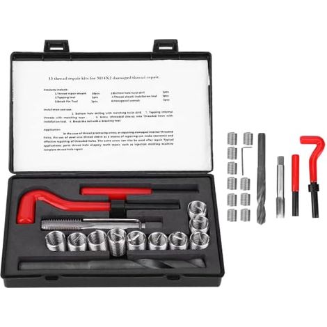 Kit de réparation de filetage - 15pcs M14x2 Kit de réparation de bobine hélicoïdale de voiture Clé de forage hélicoïdale en acier inoxydable Insert fileté compatible Ensemble d'outils à main (1/5)