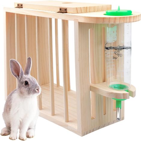 Hay Rack Natural Wood Hay Rack with Adjustable Height Water Bottle, Hay Dispenser for Rabbits, Hamsters, Chinchillas, Guinea Pigs (1/5)