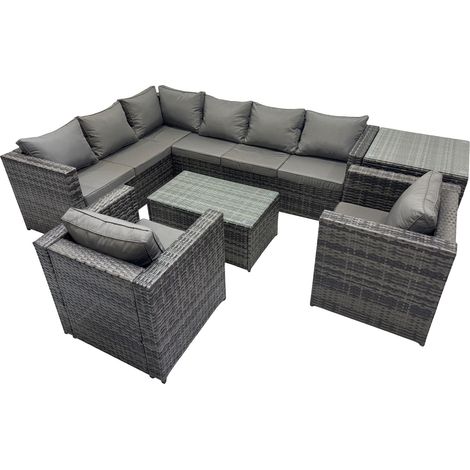 Fimous Outdoor Rattan Rectangular Coffee Table Corner Sofa Sets Garden Furniture Set with Chair Side Table Dark Grey Mixed (1/5)