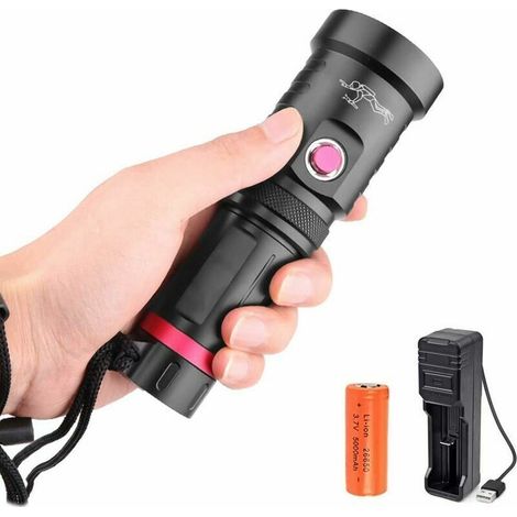 Ultra Powerful LED Flashlight, 10000 Lumens, IPX8 Waterproof, 3 Lighting Modes, Shockproof, Anti-slip, for Diving, Camping, Hiking, and Emergencies (With 26650 Battery and Charger) (1/4)