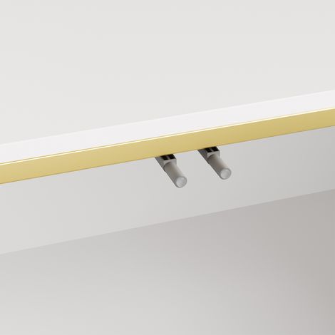 Poste de télévision moderne et brillant. Quatre portes de placard. Espace pour ranger les câbles. Bords dorés. Poste de télévision avec espace de stockage pour le salon. (1/5)