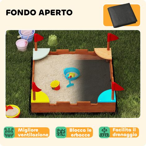 Sableuse en bois de pin pour enfants de 3 à 7 ans, forme de château avec 4 places, multicolore, 90x90x17 cm (1/5)