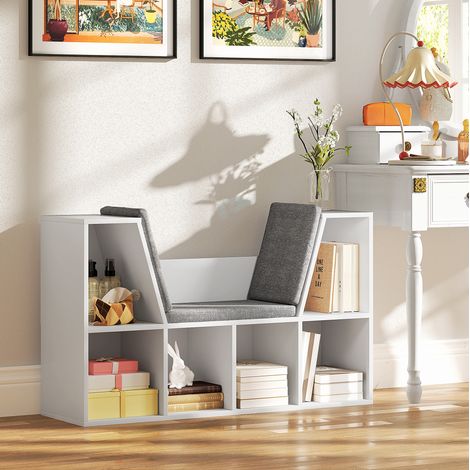 Libreria con cuscino di seduta, 6 scomparti, 105 x 30 x 63 cm, bianco DESVIAE (1/5)