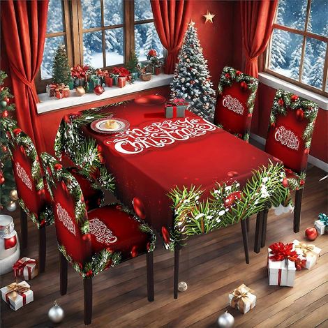 Ensemble nappe et housse de chaise de Noël rouge classique 2025, imperméable et extensible (TC-79, 140 x 210 cm). (1/4)
