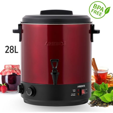 AREBOS Automatic Preserving Cooker 1800 W Preserving Pot 28 L with Timer, Thermostat & Overheating Protection Steplessly Adjustable 30-110°C Mulled Wine Cooker incl. Preserving Jar Lifter & Prese