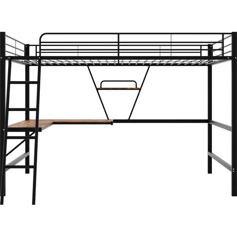 Letto a soppalco in metallo 90 x 200 cm con scrivania a L e mensola, nero (1/5)