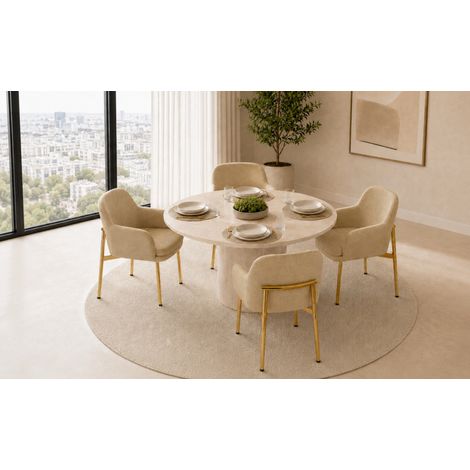 Lot de 4 chaises de salle à manger rembourrées avec accoudoirs, polyester, pieds en fer, beige (1/5)