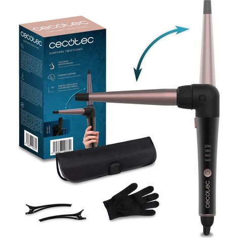 Cecotec Curler de cheveux coniques SurfCare TwistConic. Fer à friser de cheveux coniques avec un coude à 90 degrés de pour le confort, comprend un gant chauffant, un étui et 2 pinces.